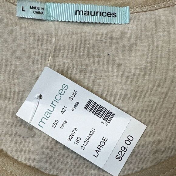 Maurice's TAN & Gold Large Western Style Graphic T, Faux Suede Sleeves NWT - Picture 4 of 5